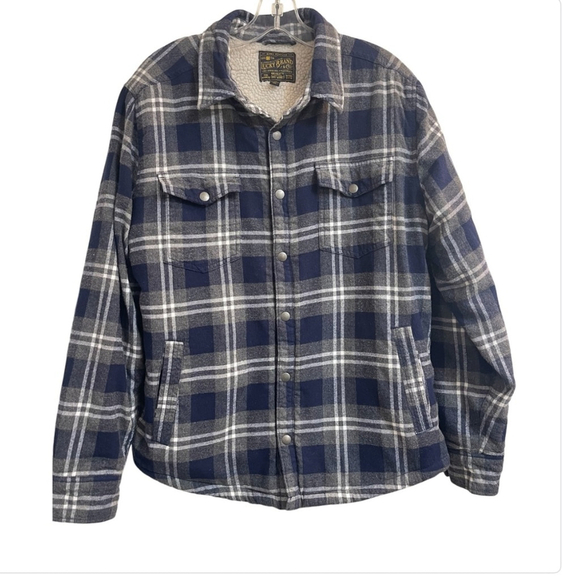 Lucky Brand Sherpa-Lined Plaid Flannel Jacket - Blue and Gray, Size Men’s Large - Picture 2 of 15